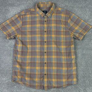 Prana Short Sleeve Bryner Shirt Men's Large Fits Medium Brown Oragnaic Cotton